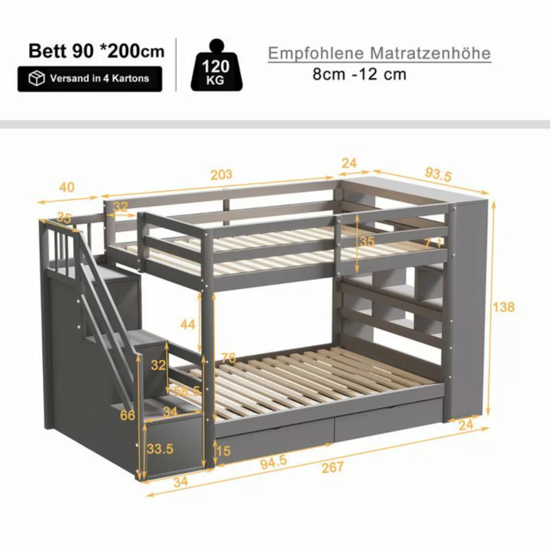 Flieks Etagenbett, Kinderbett 90x200cm mit 2 Schubladen, Seitschrank, Staur günstig online kaufen