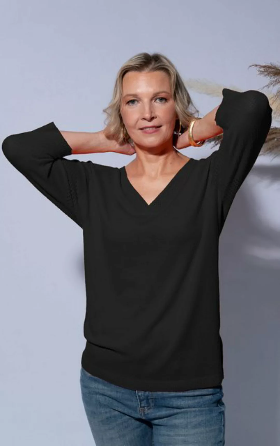 Passioni 3/4 Arm-Pullover Sommerpullover mit perforierten V-ausschnitt Perf günstig online kaufen