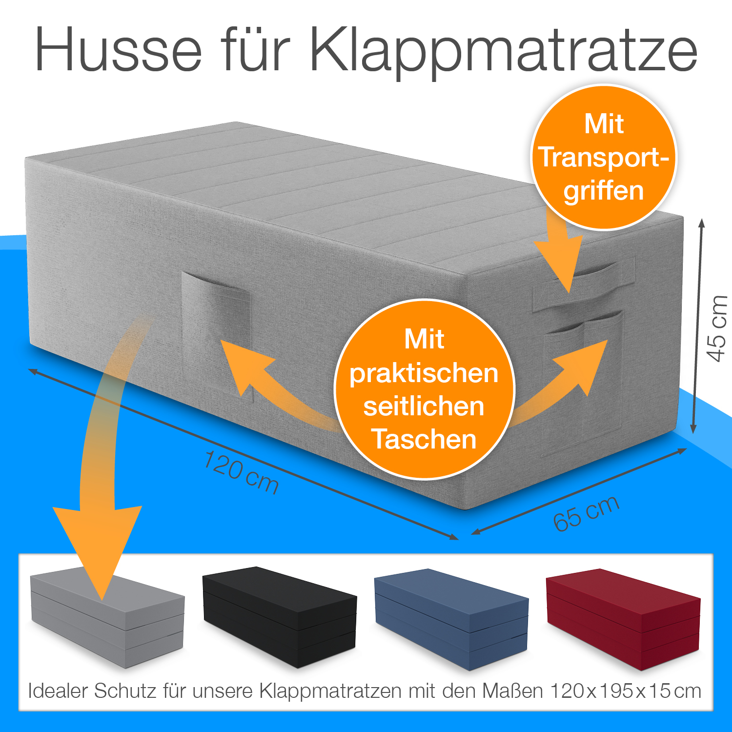 Husse für Klappmatratze Gästematratze 120x195x15, grau günstig online kaufen