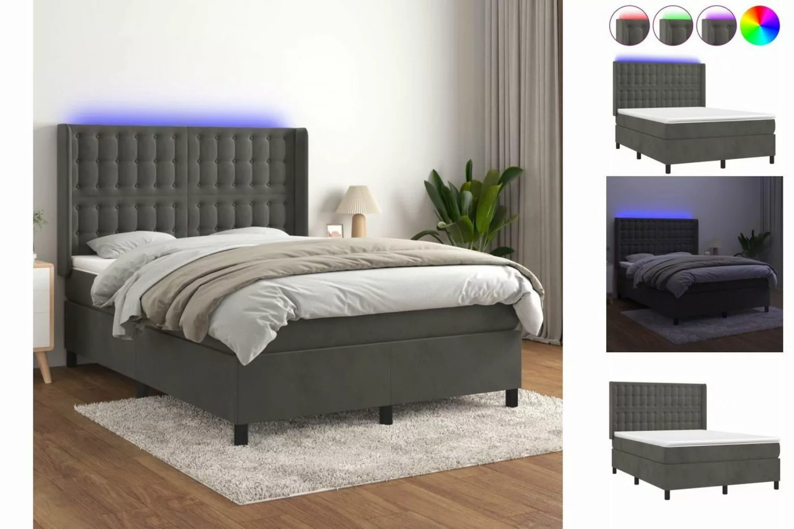 vidaXL Bettgestell Boxspringbett mit Matratze LED Dunkelgrau 140x200 cm Sam günstig online kaufen