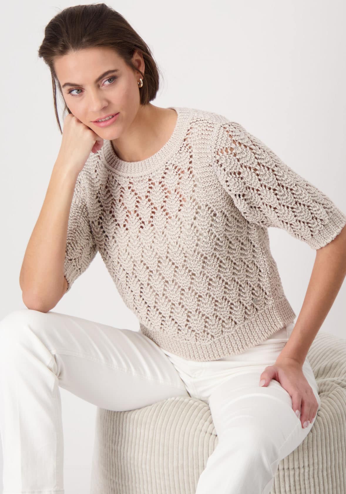 Monari Strickpullover Pullover Ajour Mit Rundhalsausschnitt günstig online kaufen