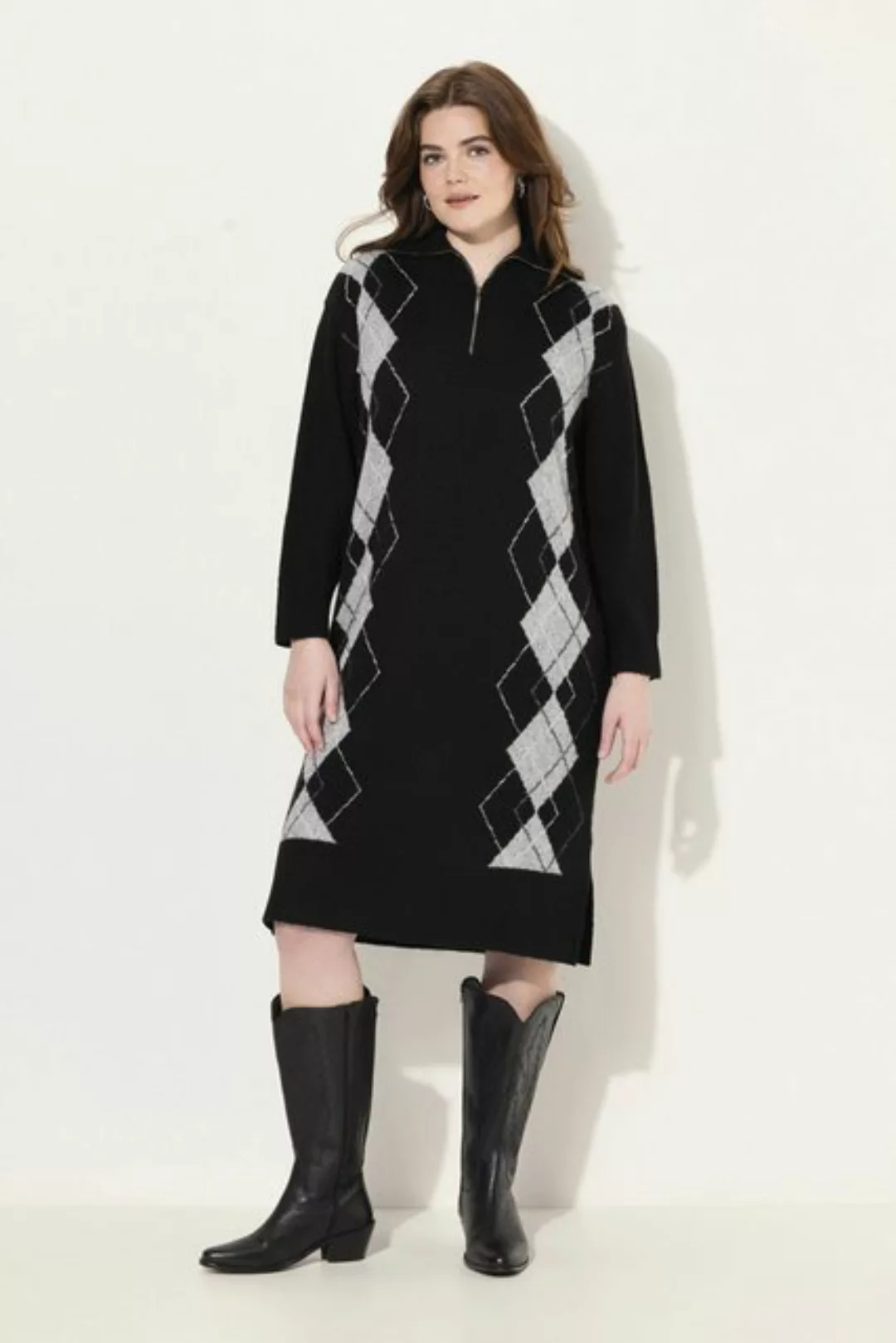 Ulla Popken Strickkleid Strickkleid Argyle-Muster Troyerkragen Langarm günstig online kaufen