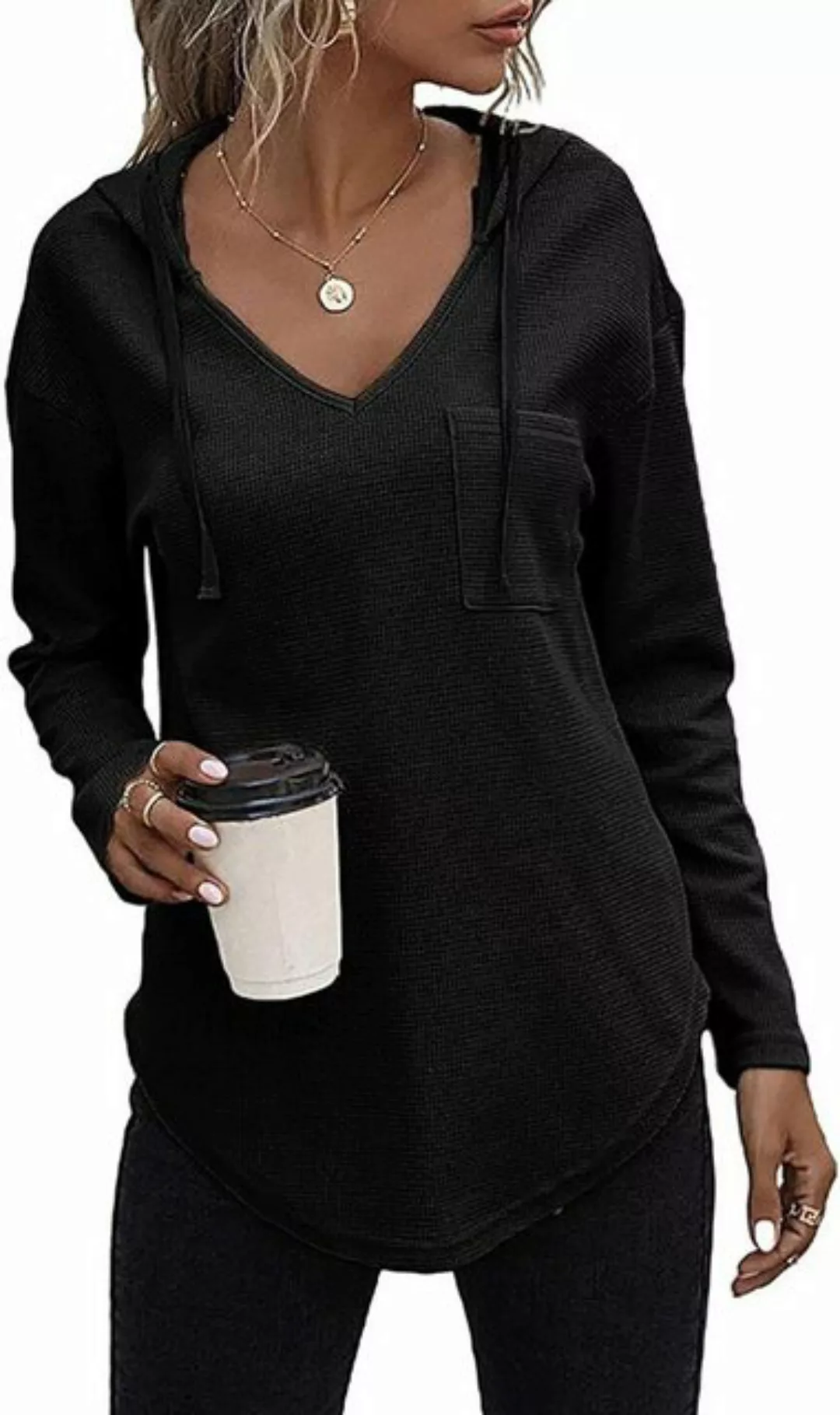 ZWY Ajourpullover Pullover Damen Hoodie Langarm V Ausschnitt Pullover Sweat günstig online kaufen