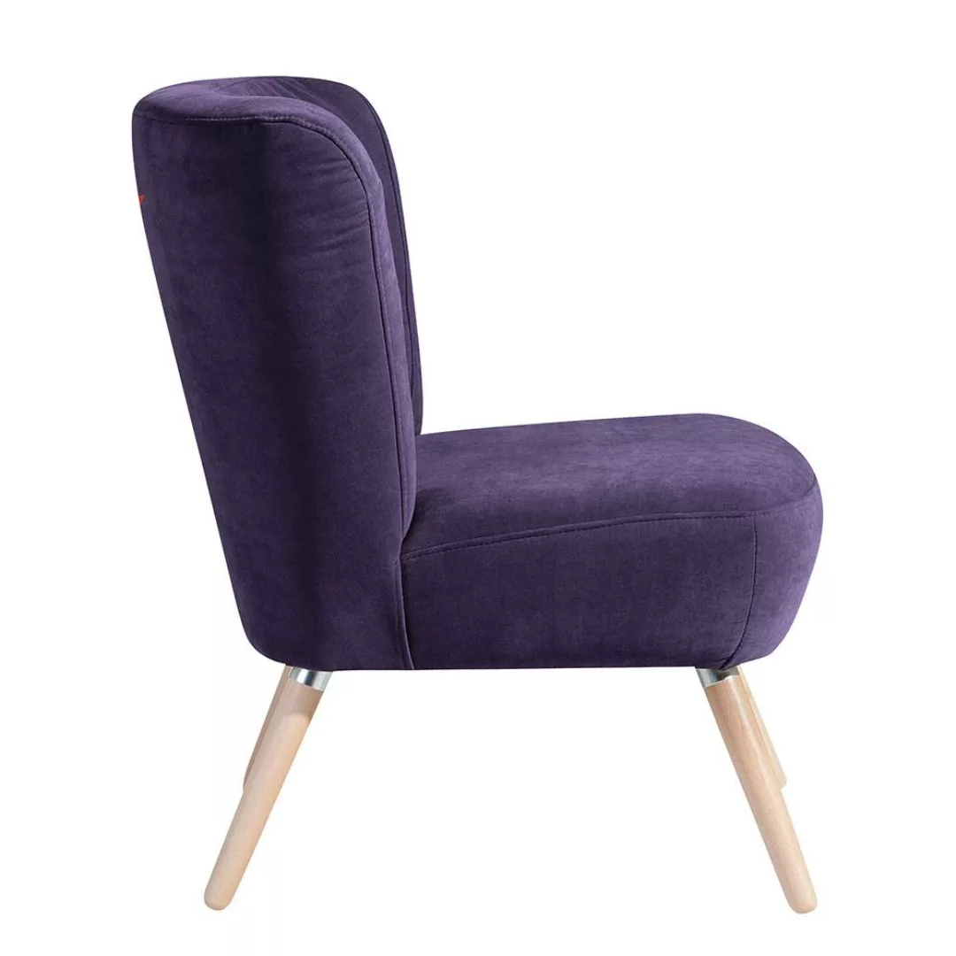 Velours Sessel Retro in Violett Vierfußgestell aus Buche günstig online kaufen
