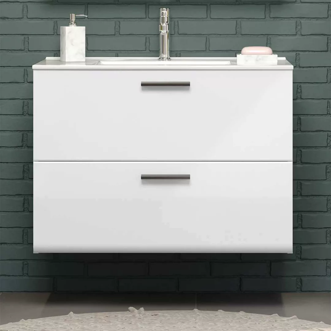 Waschtischkonsole mit Becken in Weiß Hochglanzfront zwei Schubladen günstig online kaufen