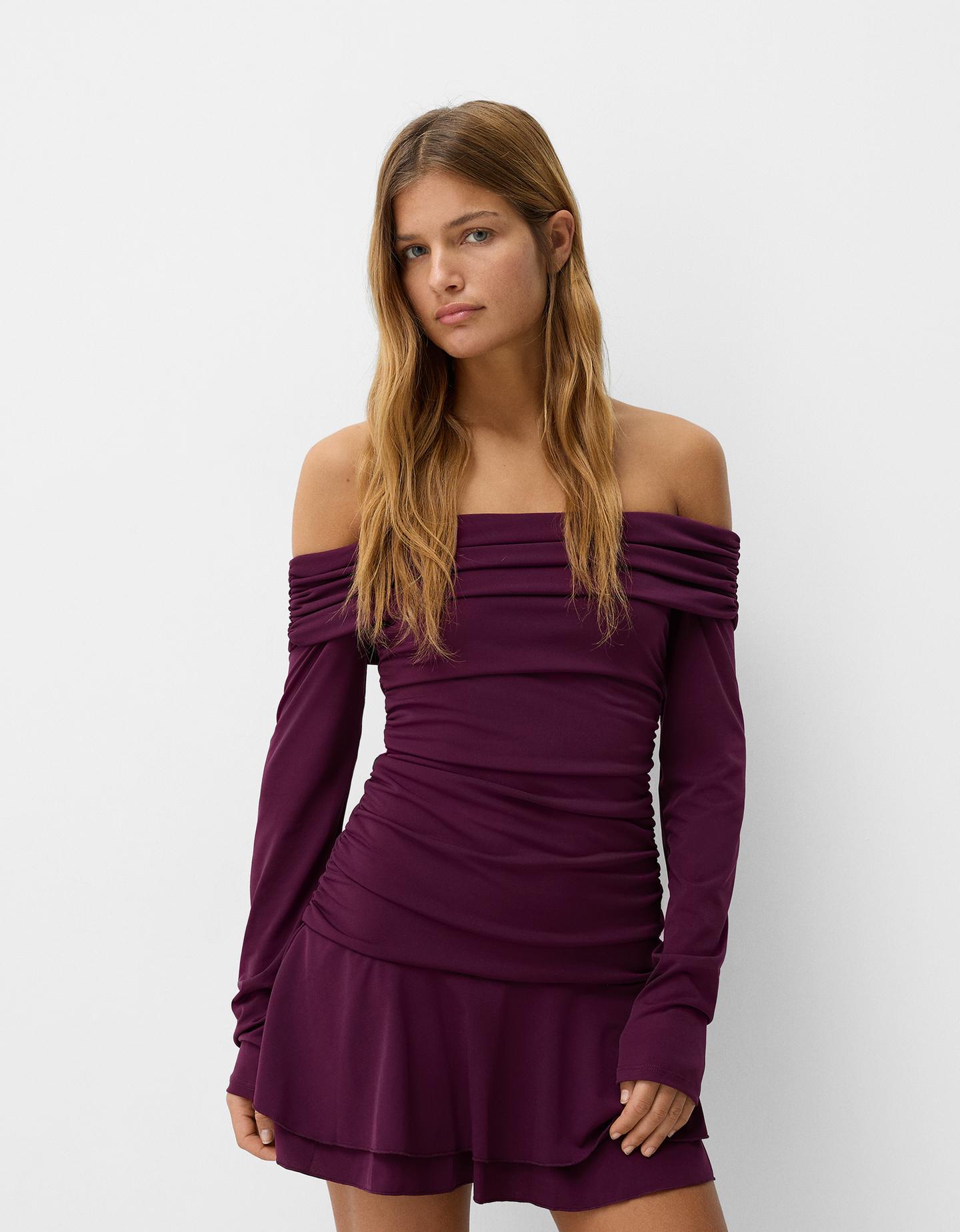 Bershka Midikleid Mit Langen Ärmeln Und Volants Damen Xl Granatrot günstig online kaufen