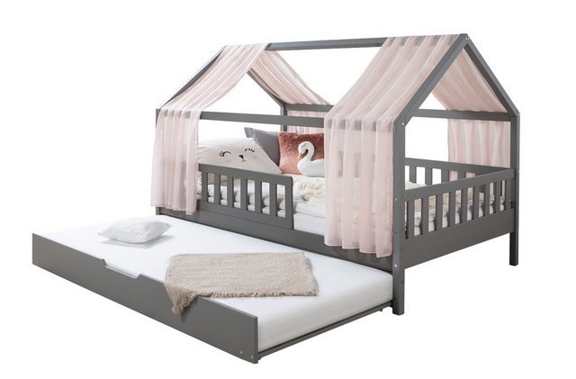 Ticaa Hausbett TiCAA Kinderbett Hausbett mit Tüll Kim 90x200 cm, Hausbett i günstig online kaufen