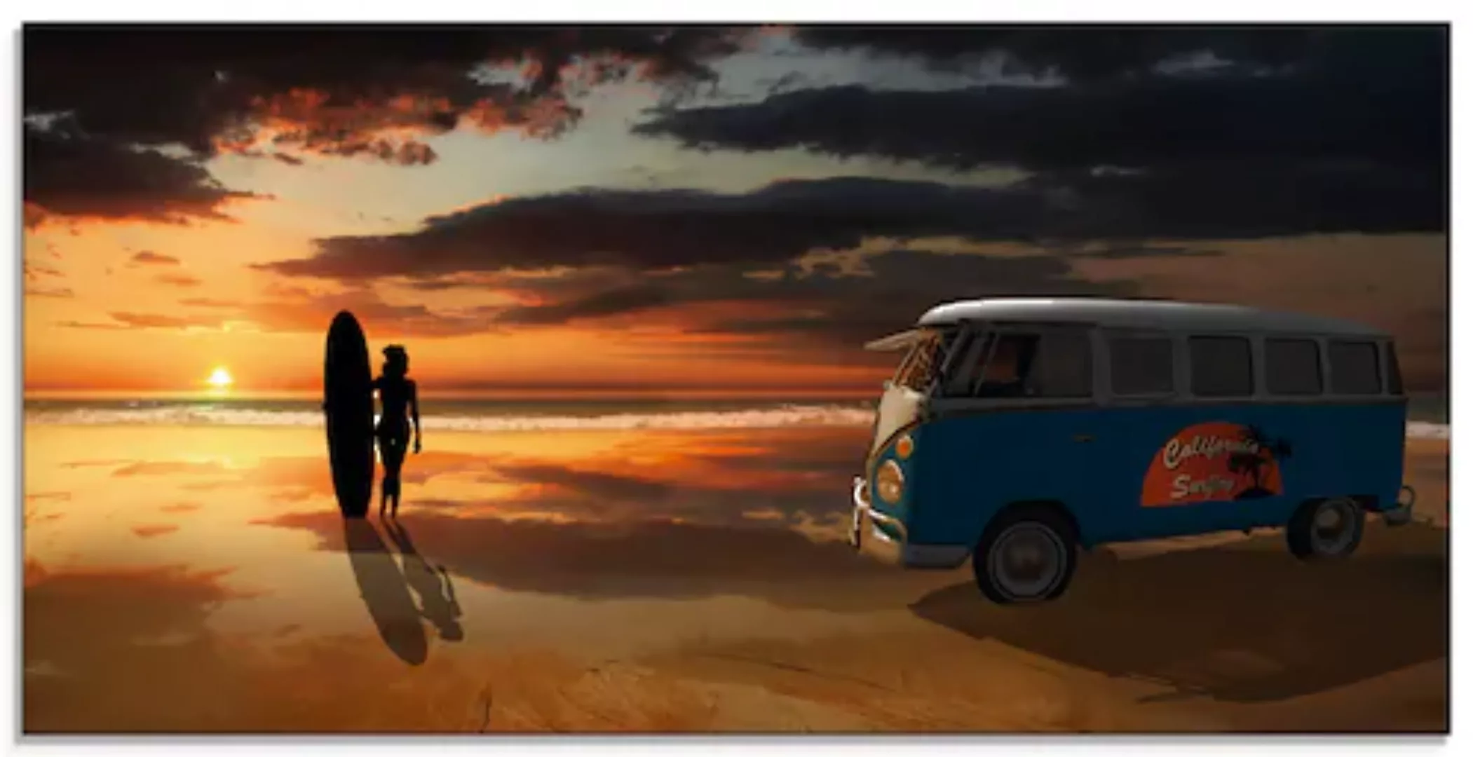 Artland Glasbild »Surfen in Kalifornien mit Camper T1«, Küste, (1 St.) günstig online kaufen