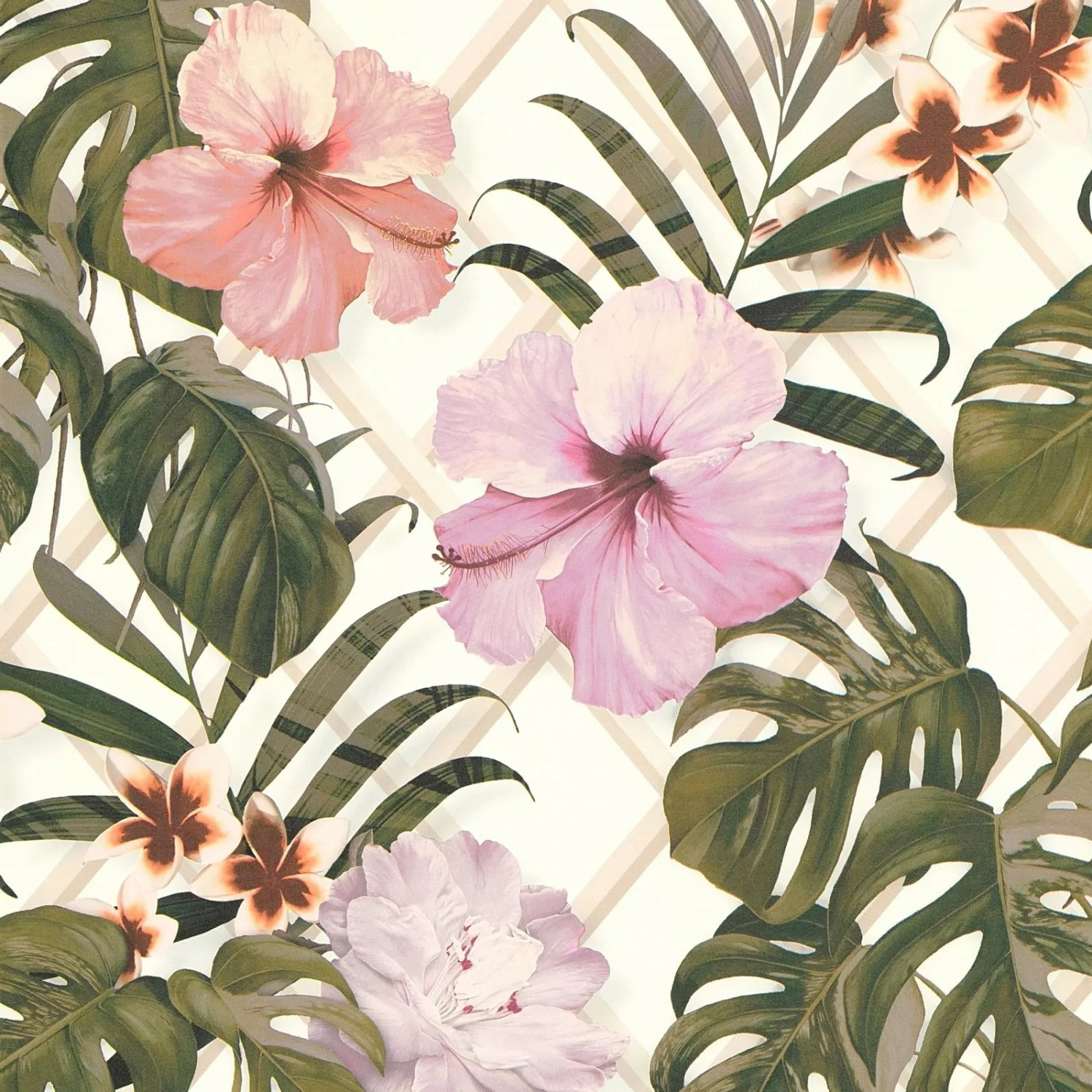 Bricoflor Monstera Tapete Weiß Grün Rosa Palmenblätter Vliestapete mit Hibi günstig online kaufen
