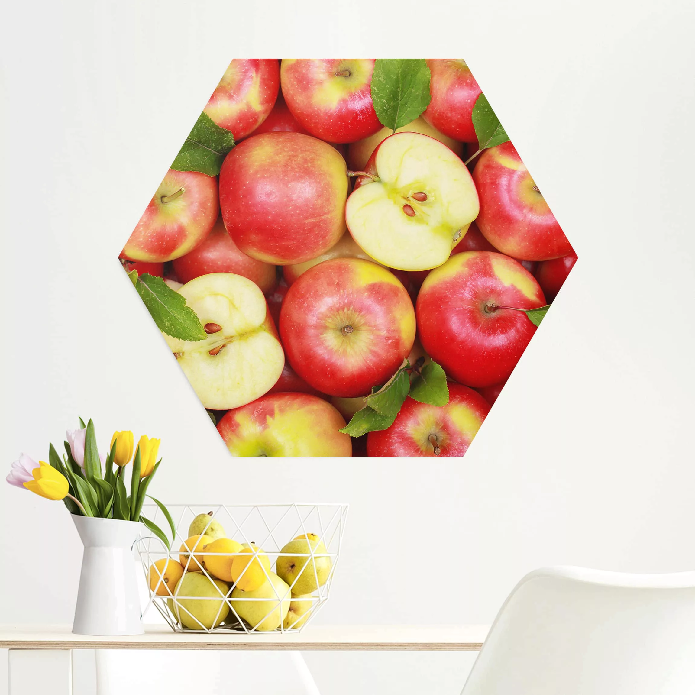 Hexagon-Alu-Dibond Bild Küche Saftige Äpfel günstig online kaufen