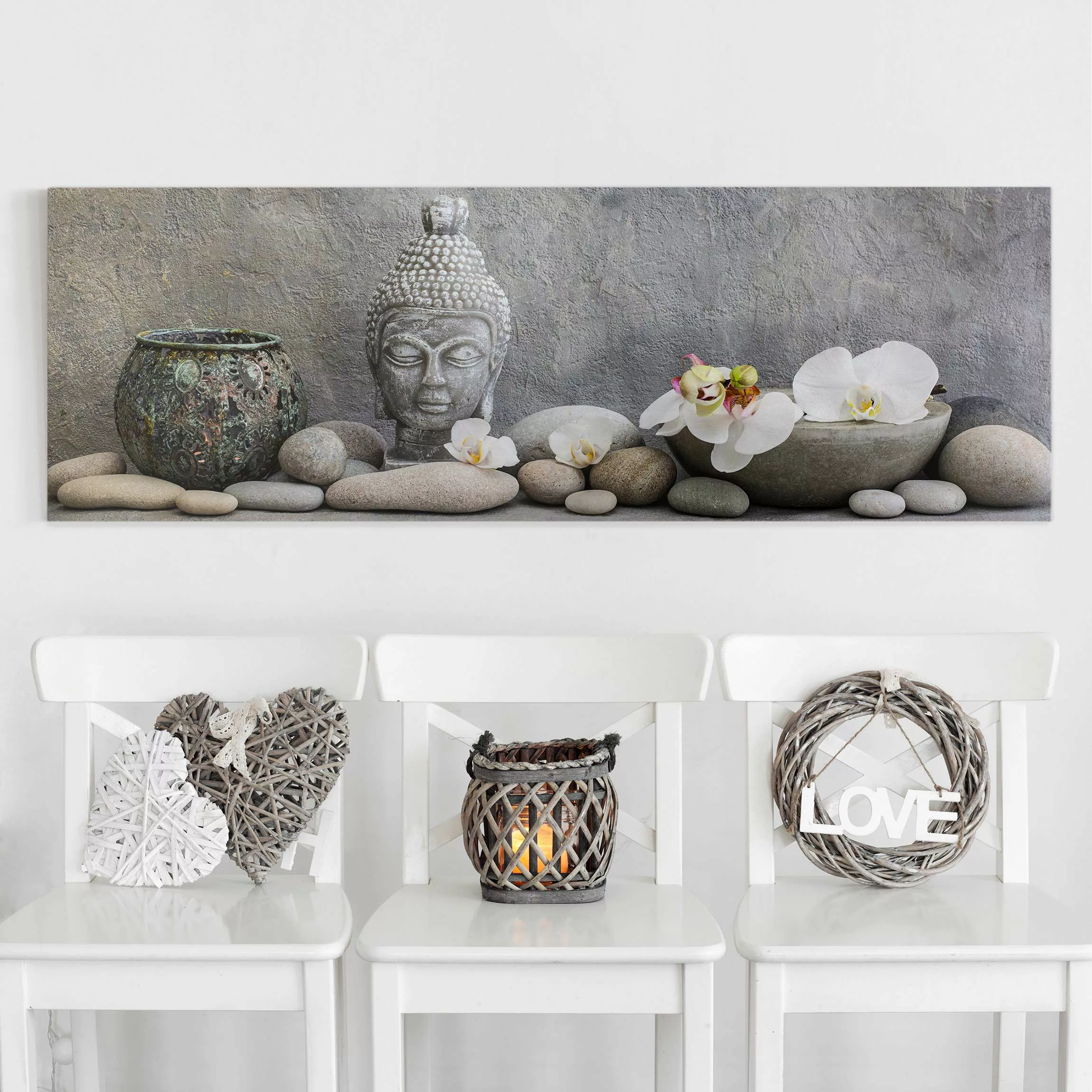 Leinwandbild Zen Buddha mit weißen Orchideen günstig online kaufen