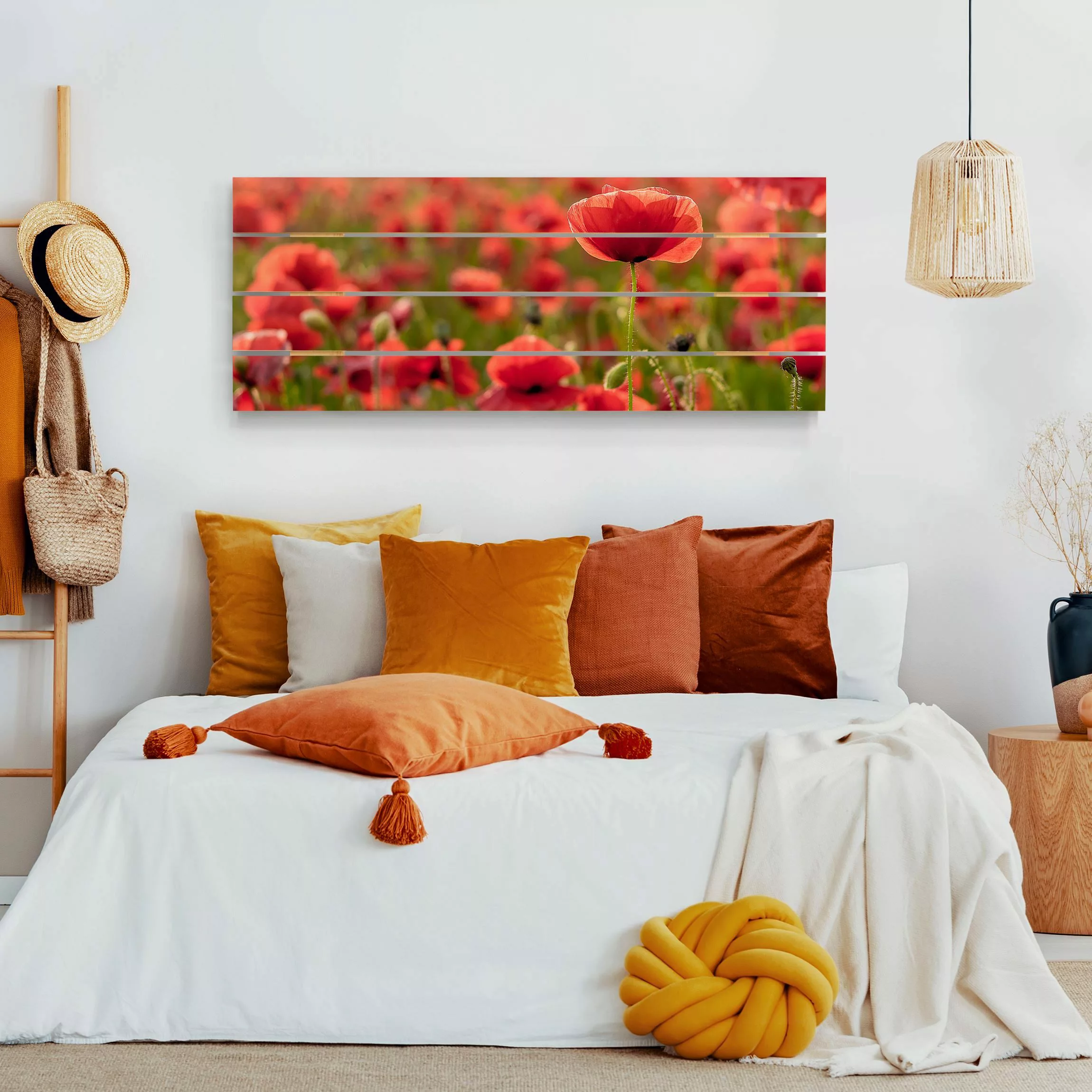 Holzbild Plankenoptik Blumen - Panorama Mohnfeld im Sonnenlicht günstig online kaufen
