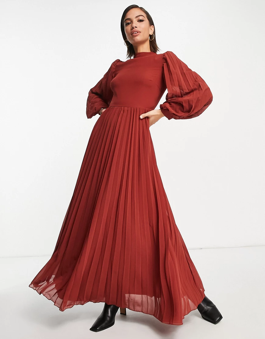 ASOS DESIGN – Hochgeschlossenes, langärmliges Maxi-Skater-Kleid in Rostrot günstig online kaufen