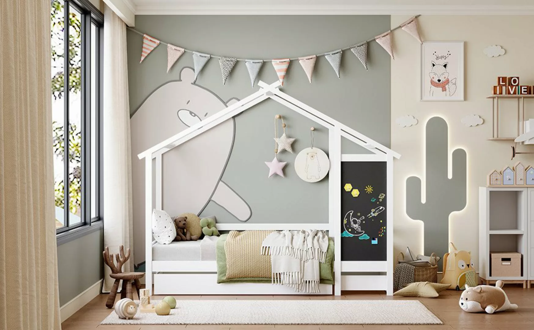 FUROKOY Hausbett Kinderbett 90 x 200 cm,Kiefernholz Haus Bett Fun Doodle Bo günstig online kaufen