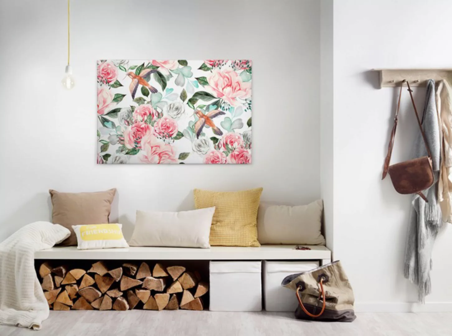 Bricoflor Pastell Leinwandbild Mit Frühlingsblumen Canvas Wandbild Mit Vöge günstig online kaufen