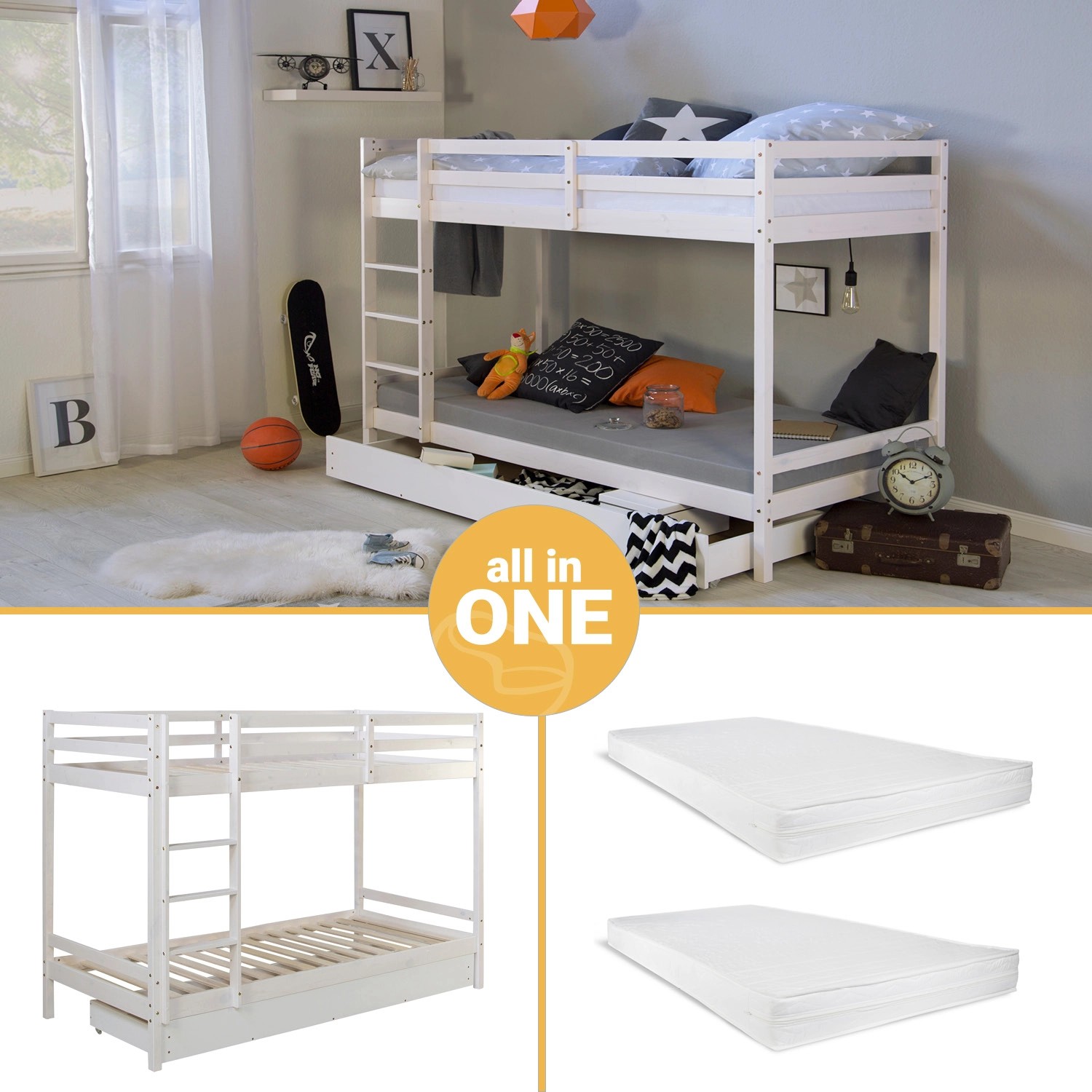 Homestyle4u Etagenbett in Weiß mit Matratze und Bettkasten 90x200 cm 2502 günstig online kaufen