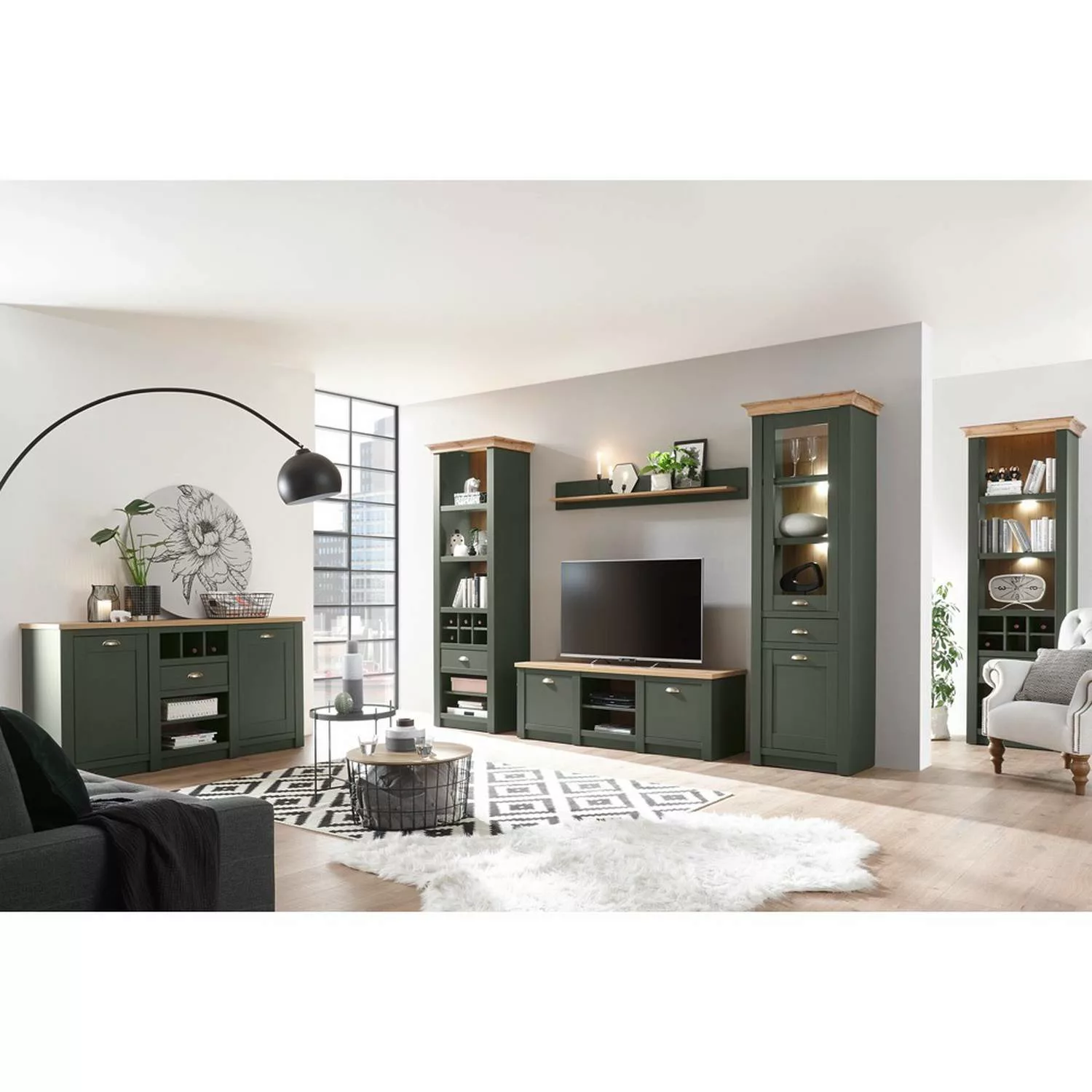 Wohnwand im Landhausstil CINCINNATI-61 in grün mit Wotan Eiche, mit Beleuch günstig online kaufen