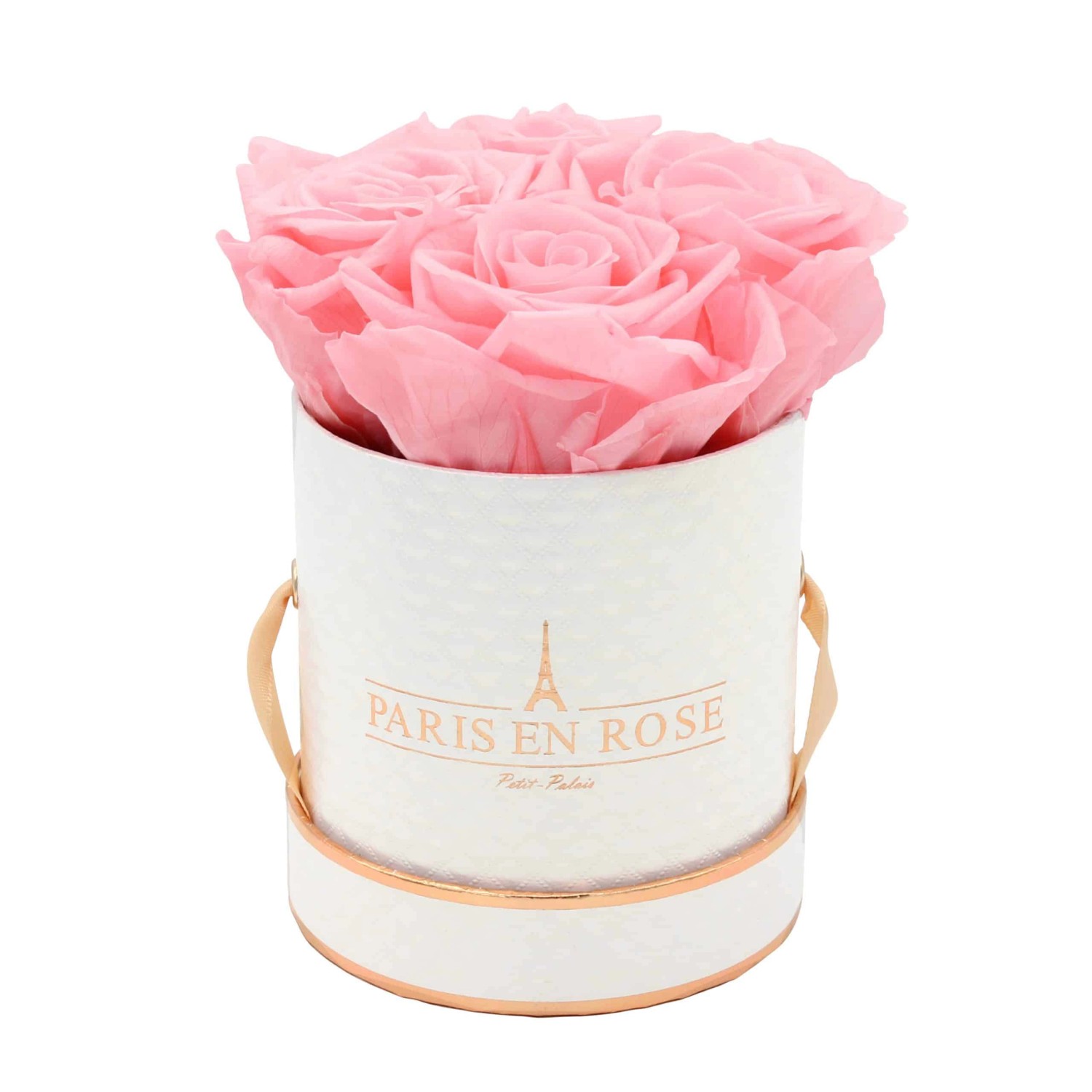 Rosenbox Ø 10 cm Weiß-Roségold Deluxe mit 4 Rosa Rosen günstig online kaufen