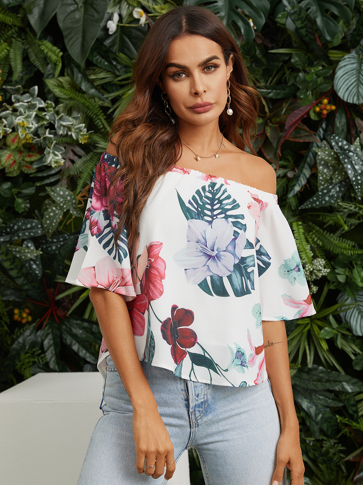 Sexy Random Floral Print Off Schulterbluse günstig online kaufen