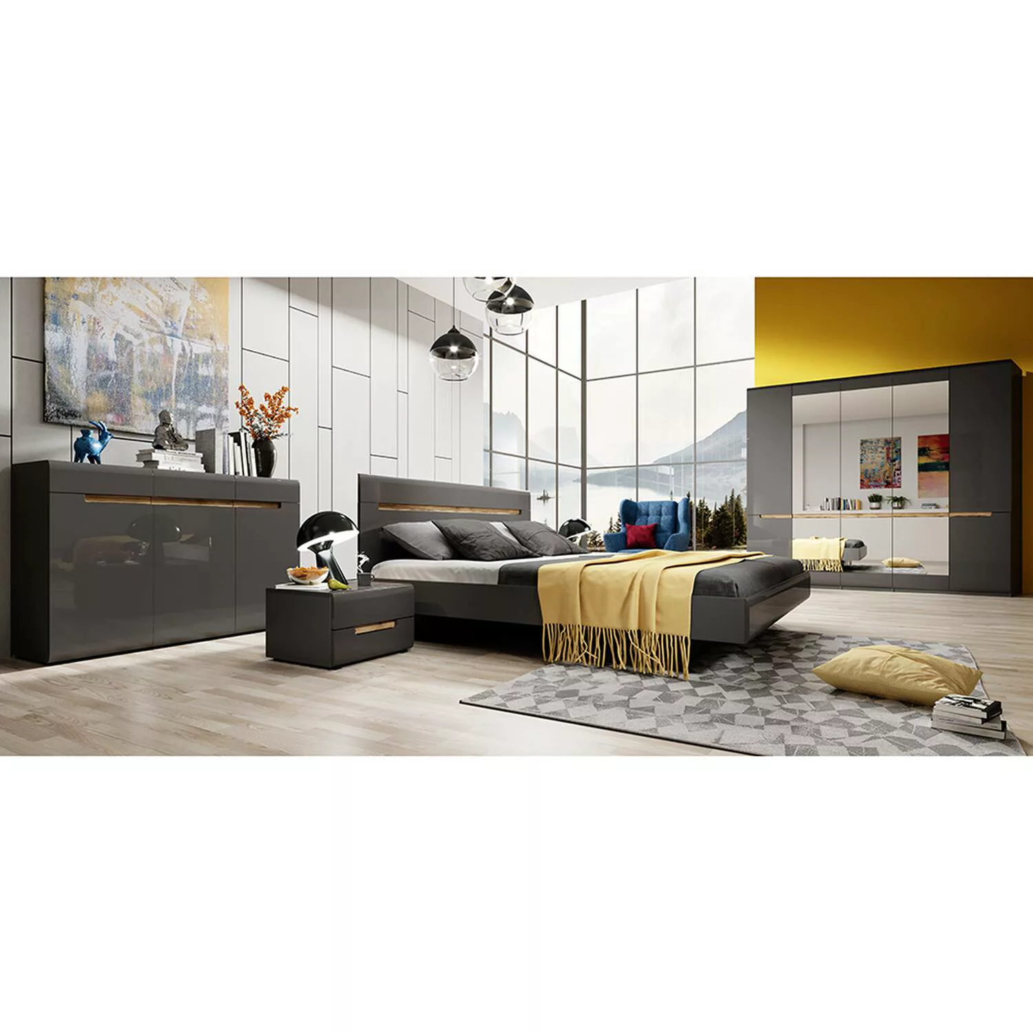 Schlafzimmer Komplett Set mit 180cm Bett in anthrazit mit anthrazit Hochgla günstig online kaufen