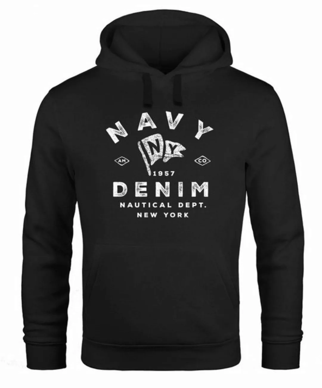 Neverless Hoodie Hoodie Herren vintage Motiv Schriftzug Navy Denim Nautical günstig online kaufen