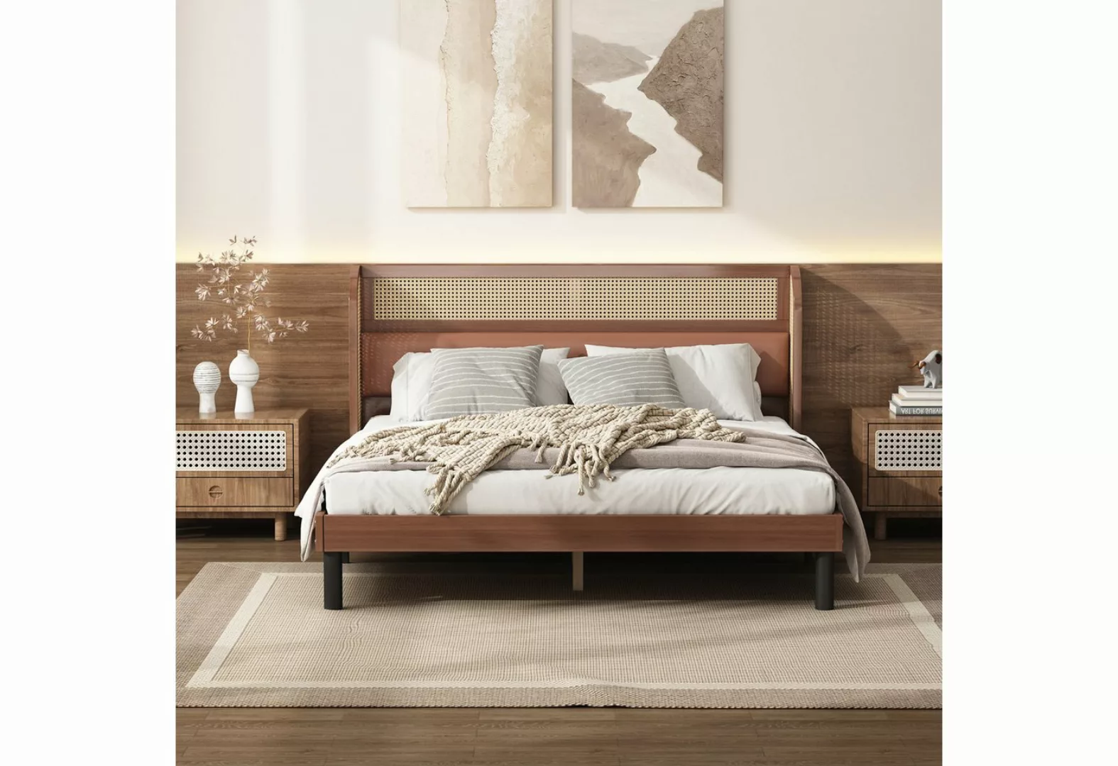 IDEASY Holzbett Rattan-Doppelbett, 160 x 200 cm, Mittelstange, gebogenes Ko günstig online kaufen