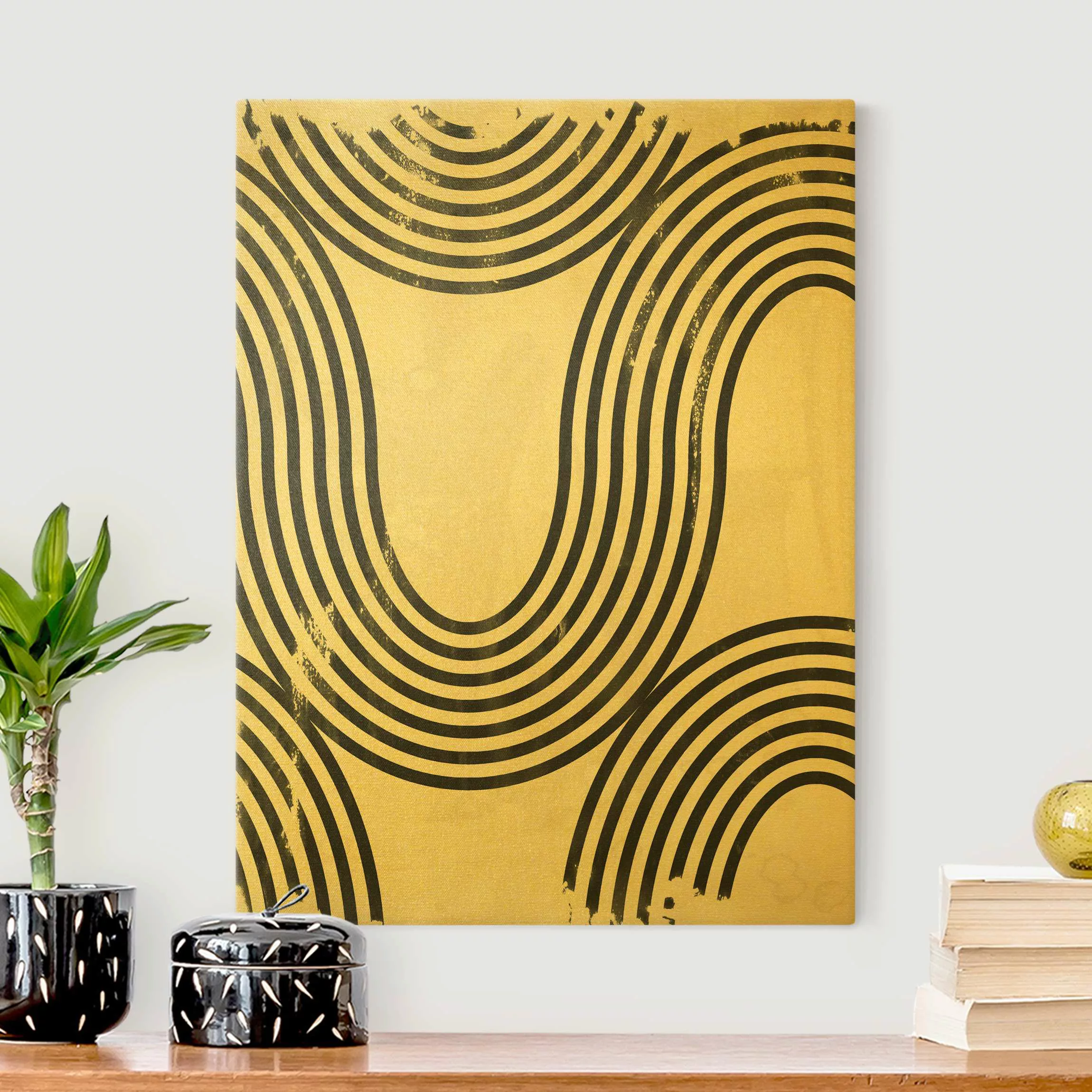 Leinwandbild Gold Geometrische Wellen Schwarz Weiß II günstig online kaufen