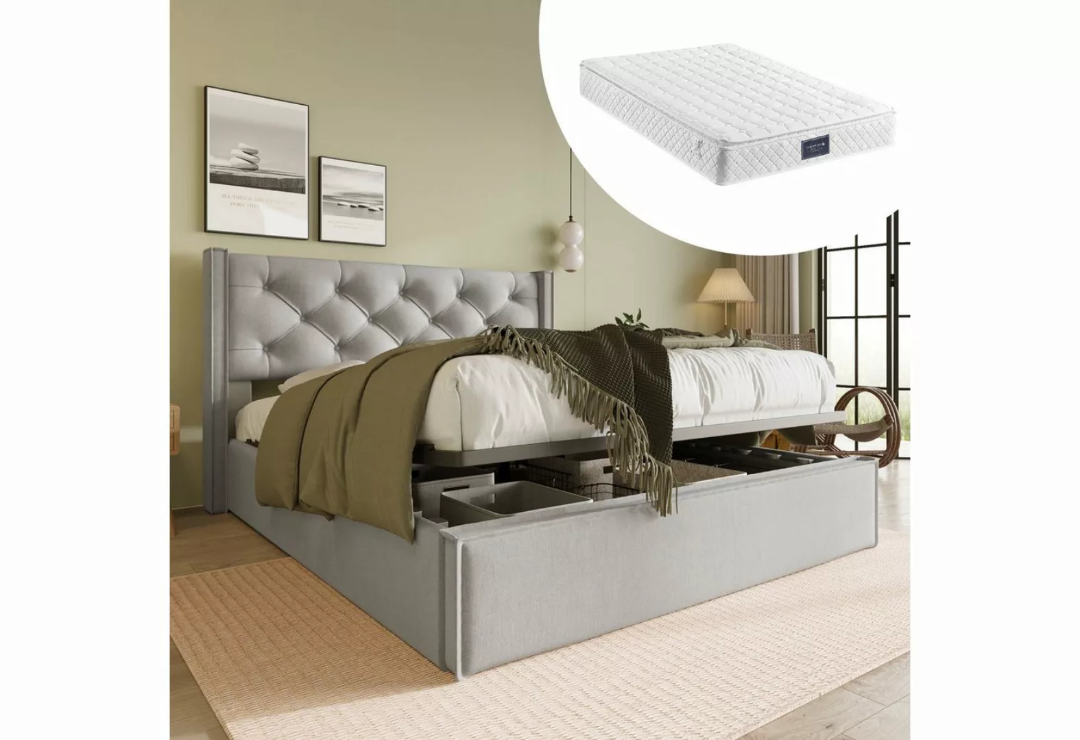 WISHDOR Polsterbett Doppelbett Bett mit Matratze Hydraulisch (mit Stauraum günstig online kaufen