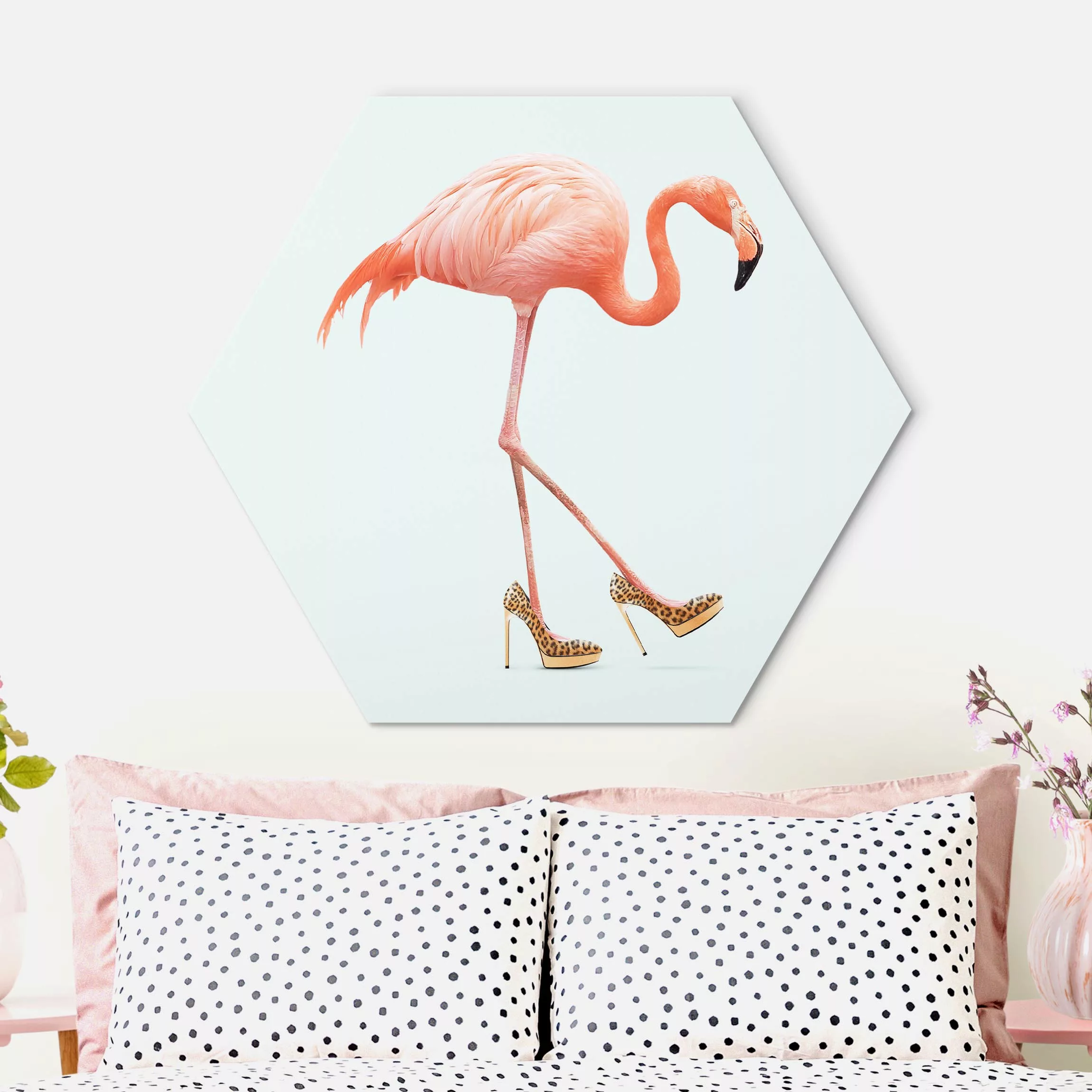 Hexagon-Alu-Dibond Bild Flamingo mit High Heels günstig online kaufen