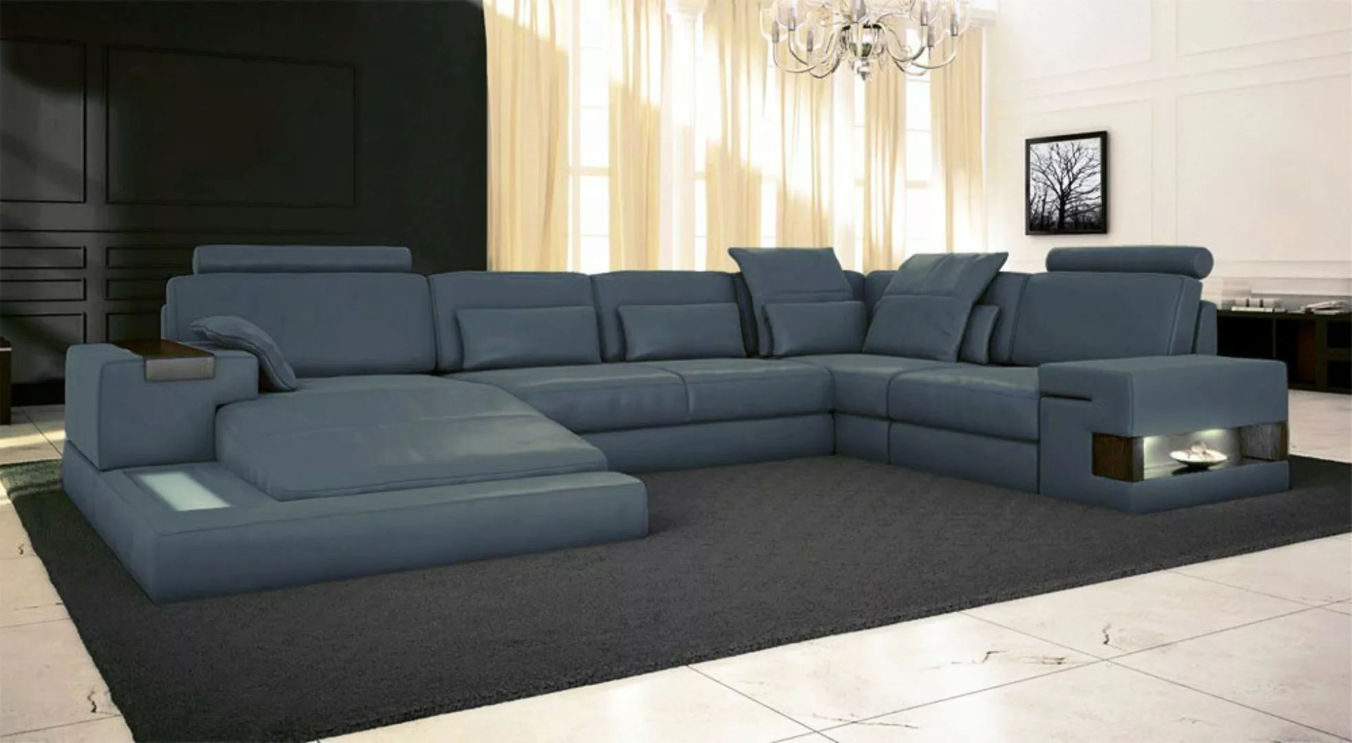 BULLHOFF Wohnlandschaft Leder Wohnlandschaft XXL Sofa U-Form Couch Grün LED günstig online kaufen