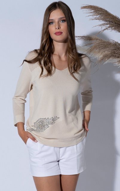 Passioni 3/4 Arm-Pullover Pullover in Beige mit Glitzer-Blumen-Print und pe günstig online kaufen