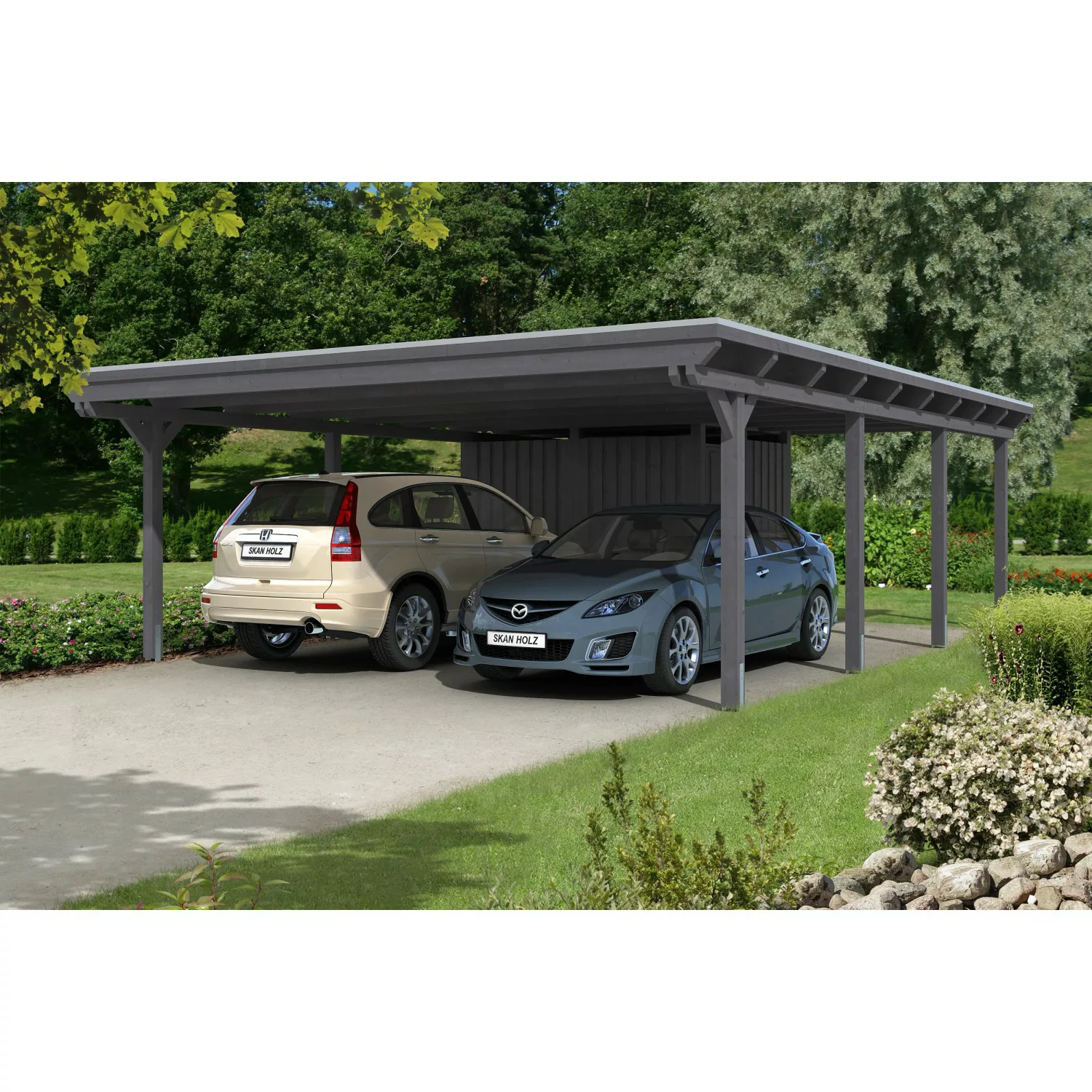 Skan Holz Carport Emsland 613 cm x 846 cm mit Abstellraum Schiefergrau günstig online kaufen