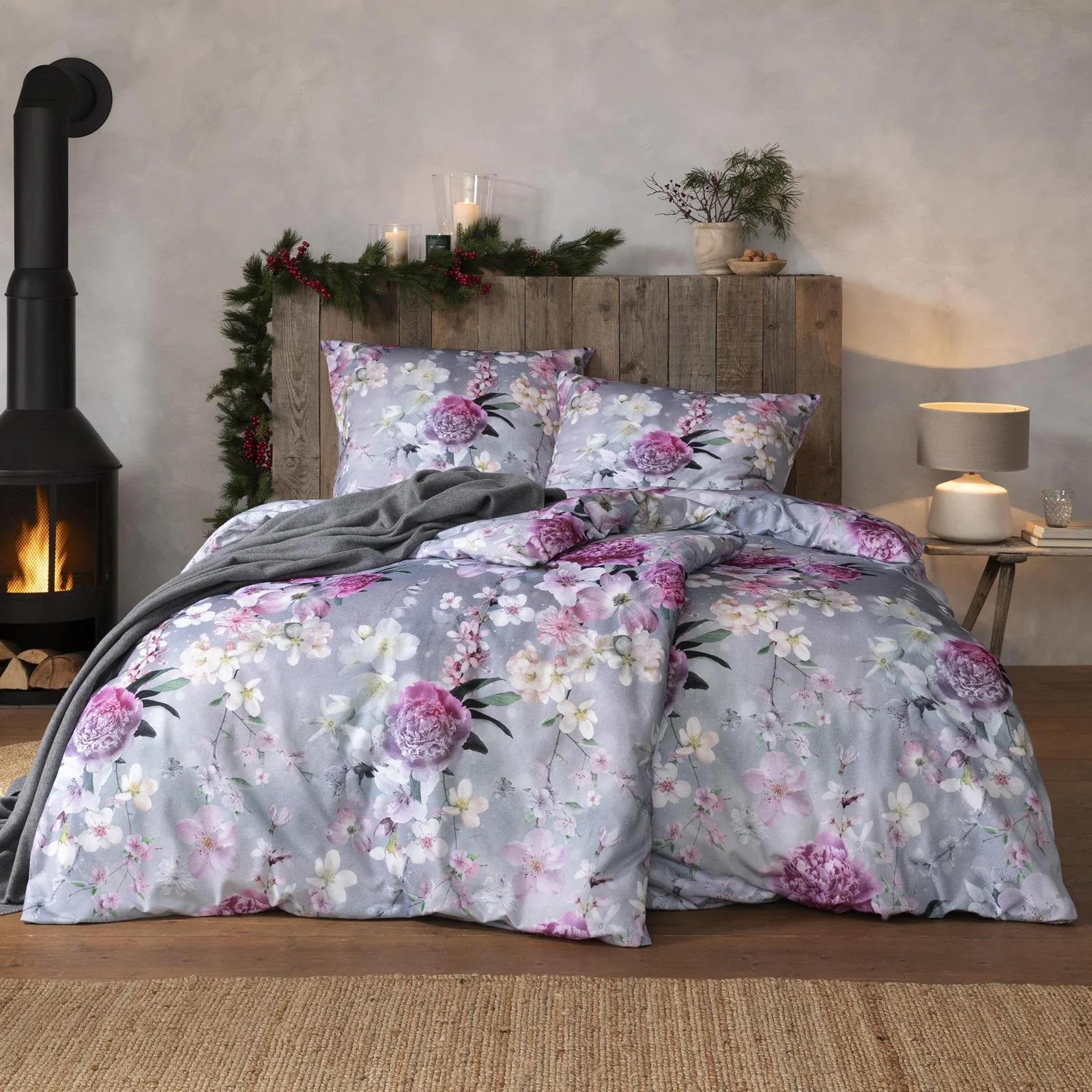 Estella Flanell Bettwäsche Romantica 4453-820 Blumen Rosa Grau 135x200 günstig online kaufen