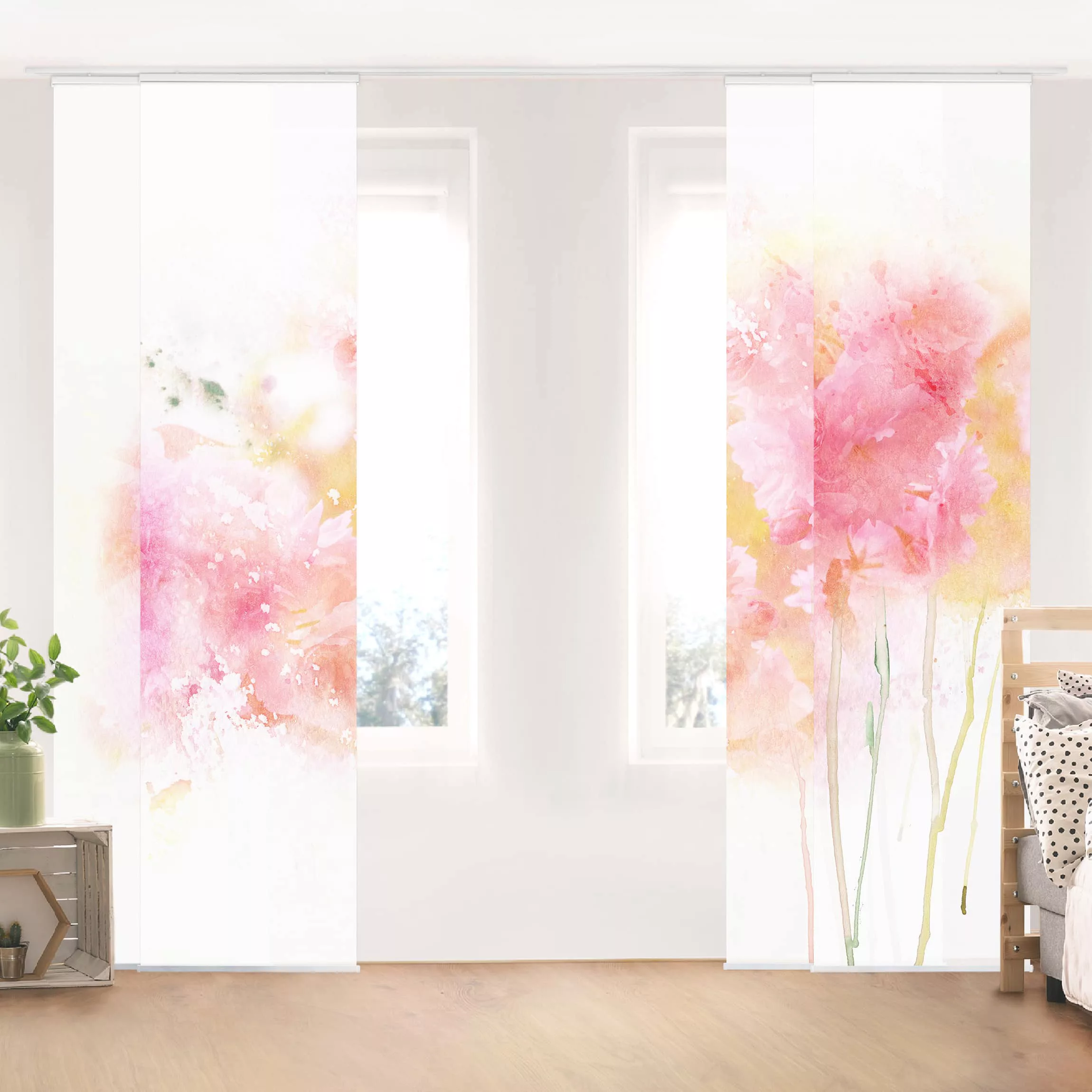 Schiebegardinen Set Blumen Aquarell Blumen Pfingstrosen günstig online kaufen