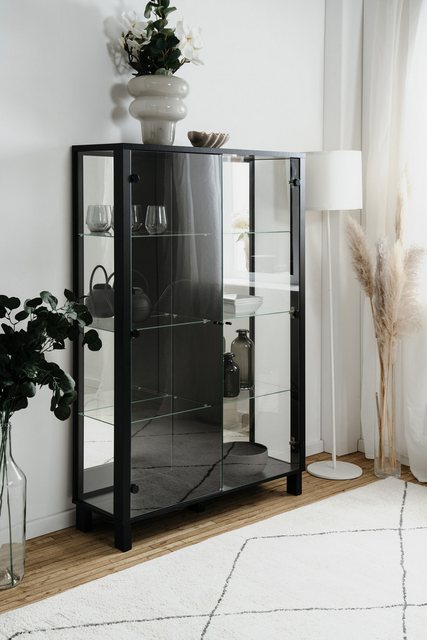 freiraum Vitrine Albi in Schwarz / Glas / Spiegel - 100x150x33cm (BxHxT) günstig online kaufen