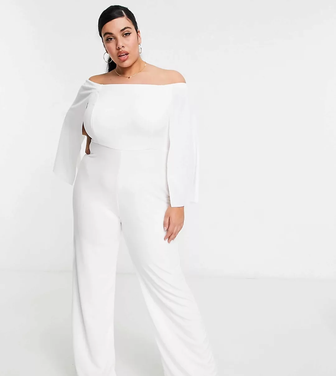 Club L London Curve – Jumpsuit mit Carmenausschnitt und ausgestellten Ärmel günstig online kaufen