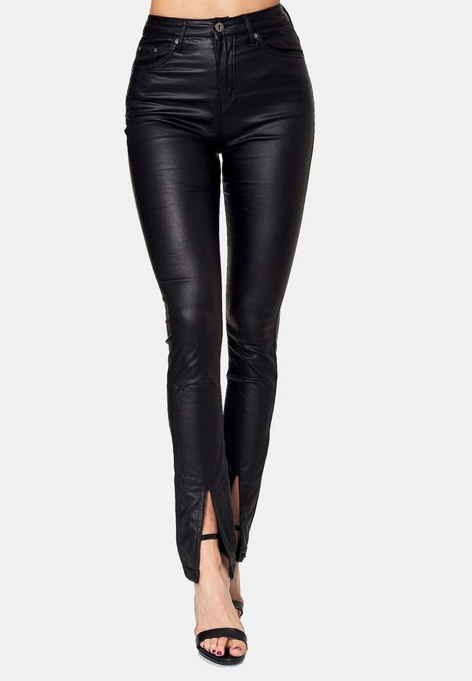 NEWPLAY Lederimitathose Lederoptik Hose Skinny Stoffhose mit Schlitz Gefütt günstig online kaufen