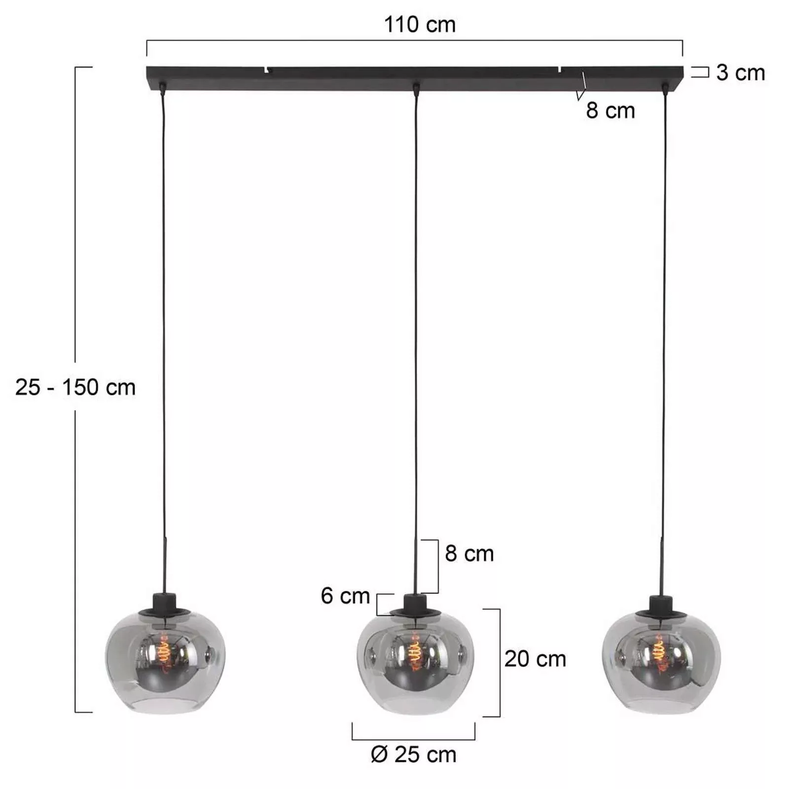 Hängeleuchte Lotus, schwarz, 3-flammig, Balken, Metall, Glas günstig online kaufen