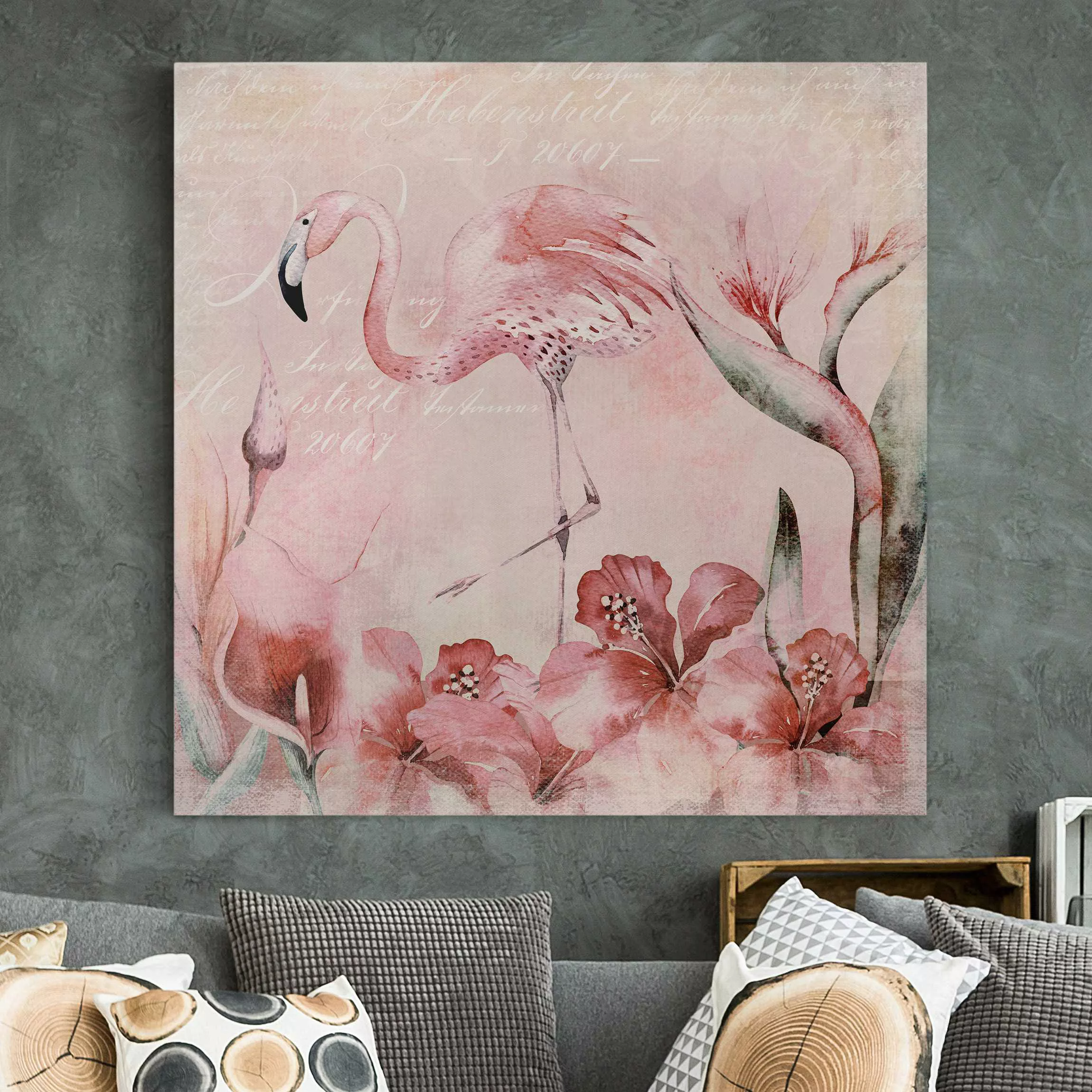 Leinwandbild Shabby Chic Collage - Flamingo günstig online kaufen