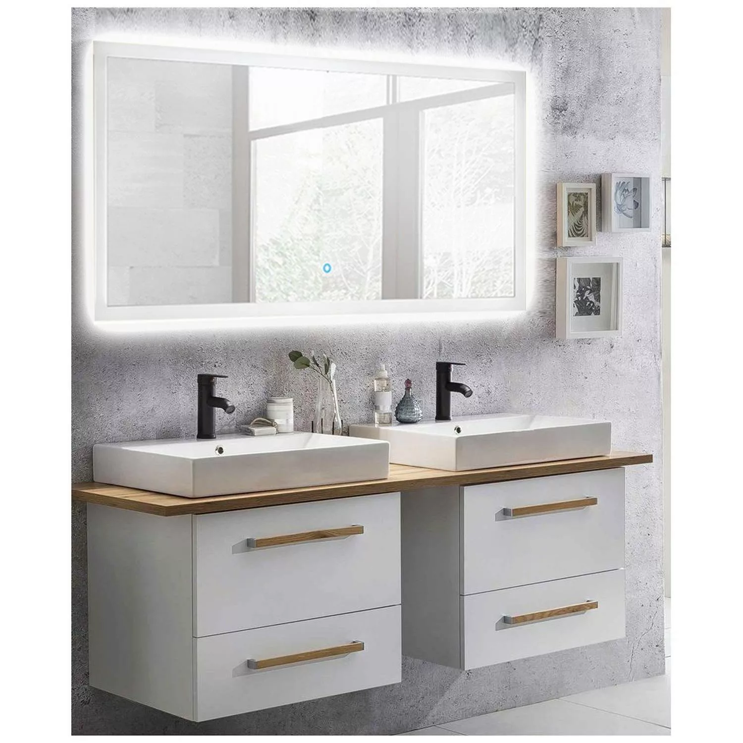 Badmöbel Waschtisch Set in weiß mit Eiche Landhaus DABO-04 mit 140cm LED-To günstig online kaufen