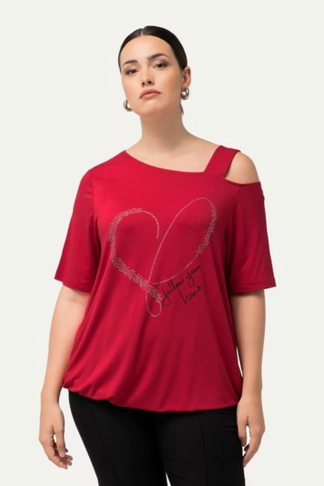 Ulla Popken Rundhalsshirt T-Shirt Herz Rundhals Cut-Out Gummisaum Halbarm günstig online kaufen