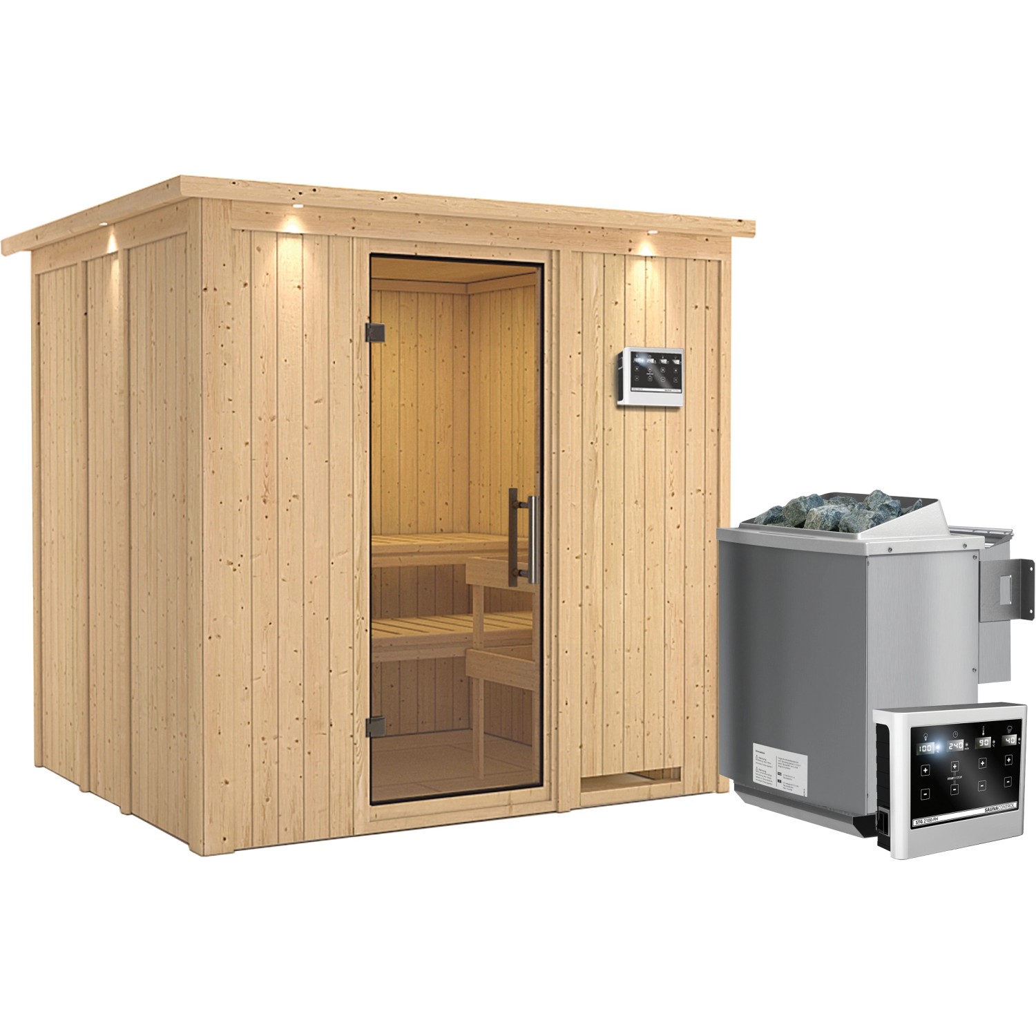 Karibu Sauna Stina, Bio-Ofen, externe Steuerung Easy, Glastür, LED-Dachkran günstig online kaufen
