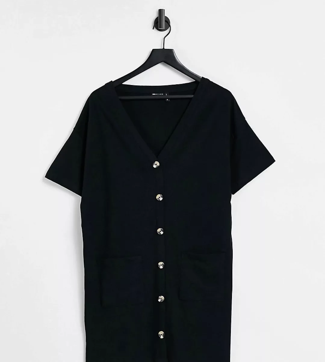 ASOS DESIGN Tall – T-Shirt-Kleid in Schwarz mit Knopfleiste günstig online kaufen