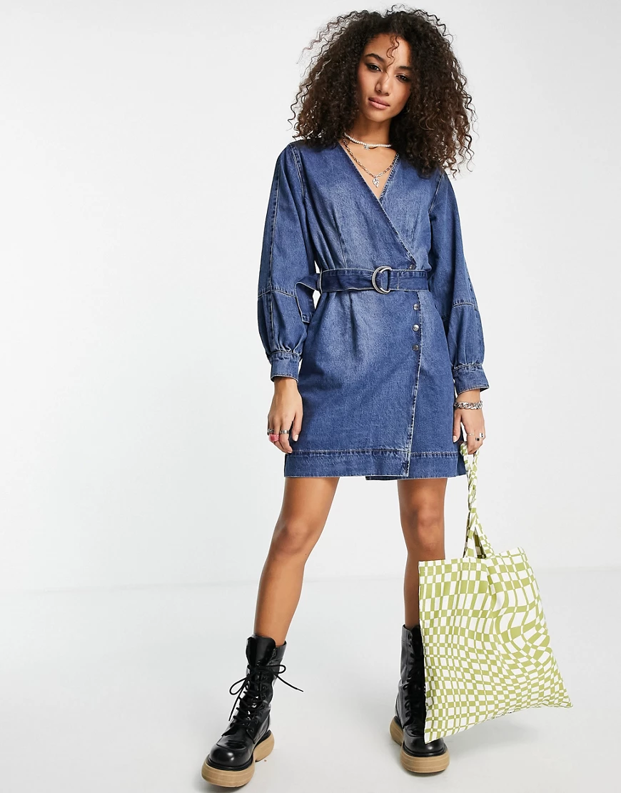 Object – Mini-Jeanskleid aus Bio-Baumwolle in Mittelblau mit Gürtel günstig online kaufen