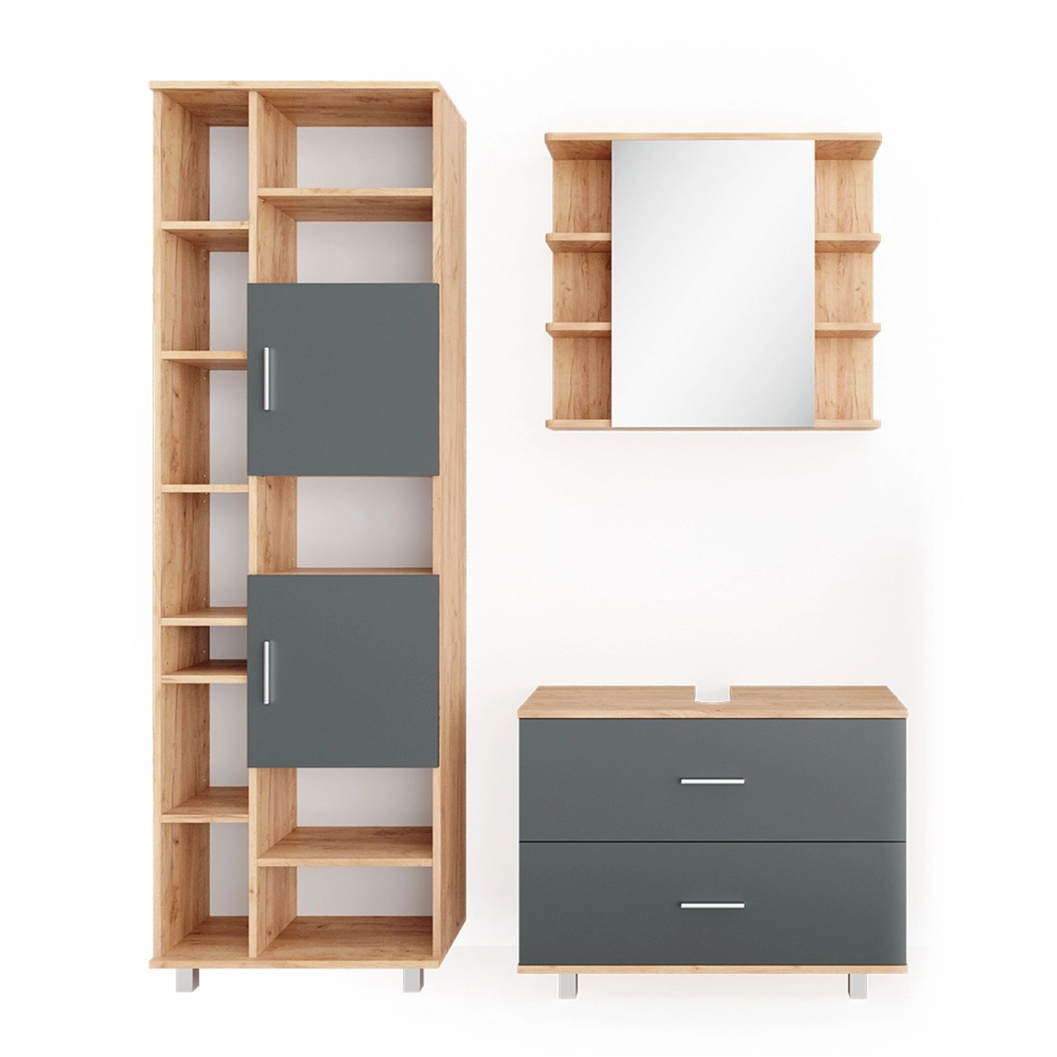 Vicco Badmöbel-Set Ilias Goldkraft Eiche/Anthrazit 3 Teile mit Hochschrank günstig online kaufen