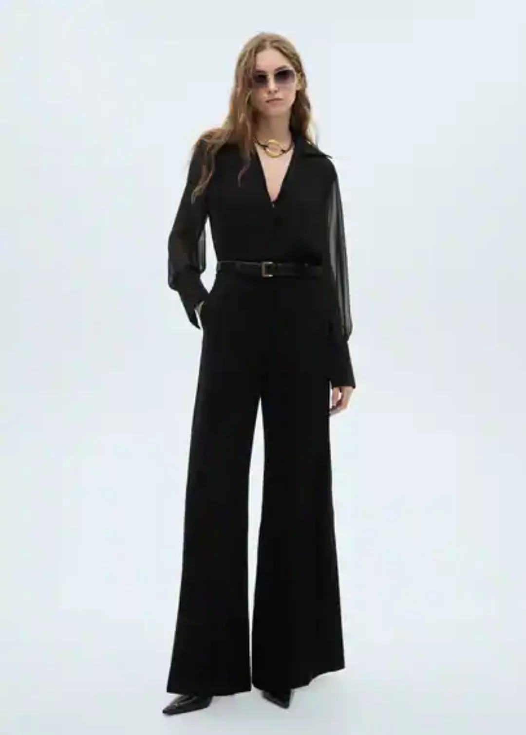 Wideleg-Jumpsuit mit halbdurchsichtigen Ärmeln günstig online kaufen