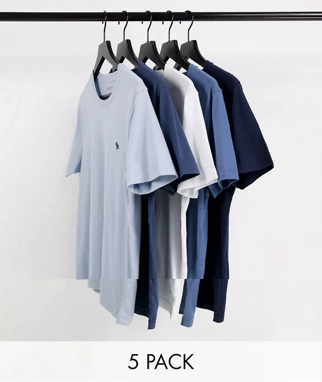 Abercrombie & Fitch – T-Shirts mit Logo im 5er-Pack in Blautönen und Weiß-M günstig online kaufen