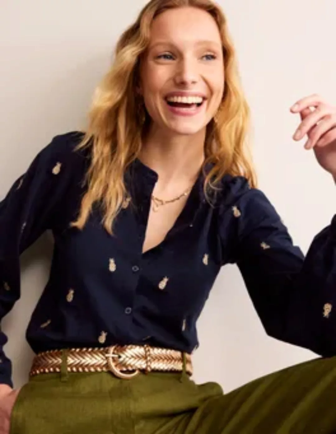 Marina Besticktes Hemd Damen Boden, Marineblau, Ananas Stickerei günstig online kaufen