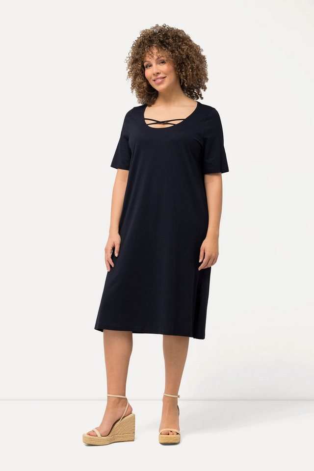 Ulla Popken Sommerkleid Jerseykleid Zierbänder A-Linie Rundhals Halbarm günstig online kaufen