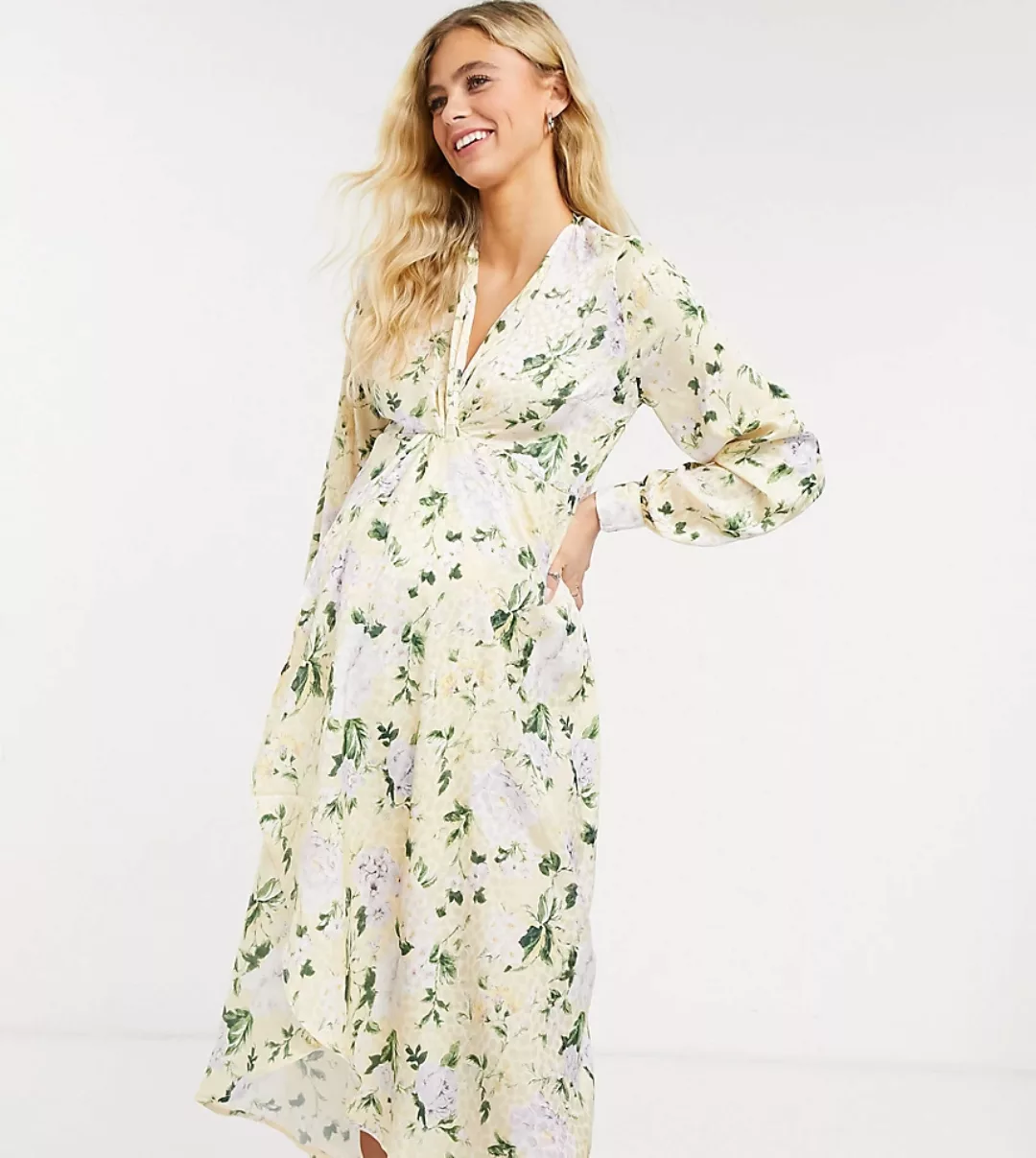 Hope & Ivy – Umstandsmode – Langärmliges Kimono-Midikleid mit gelbem Blumen günstig online kaufen